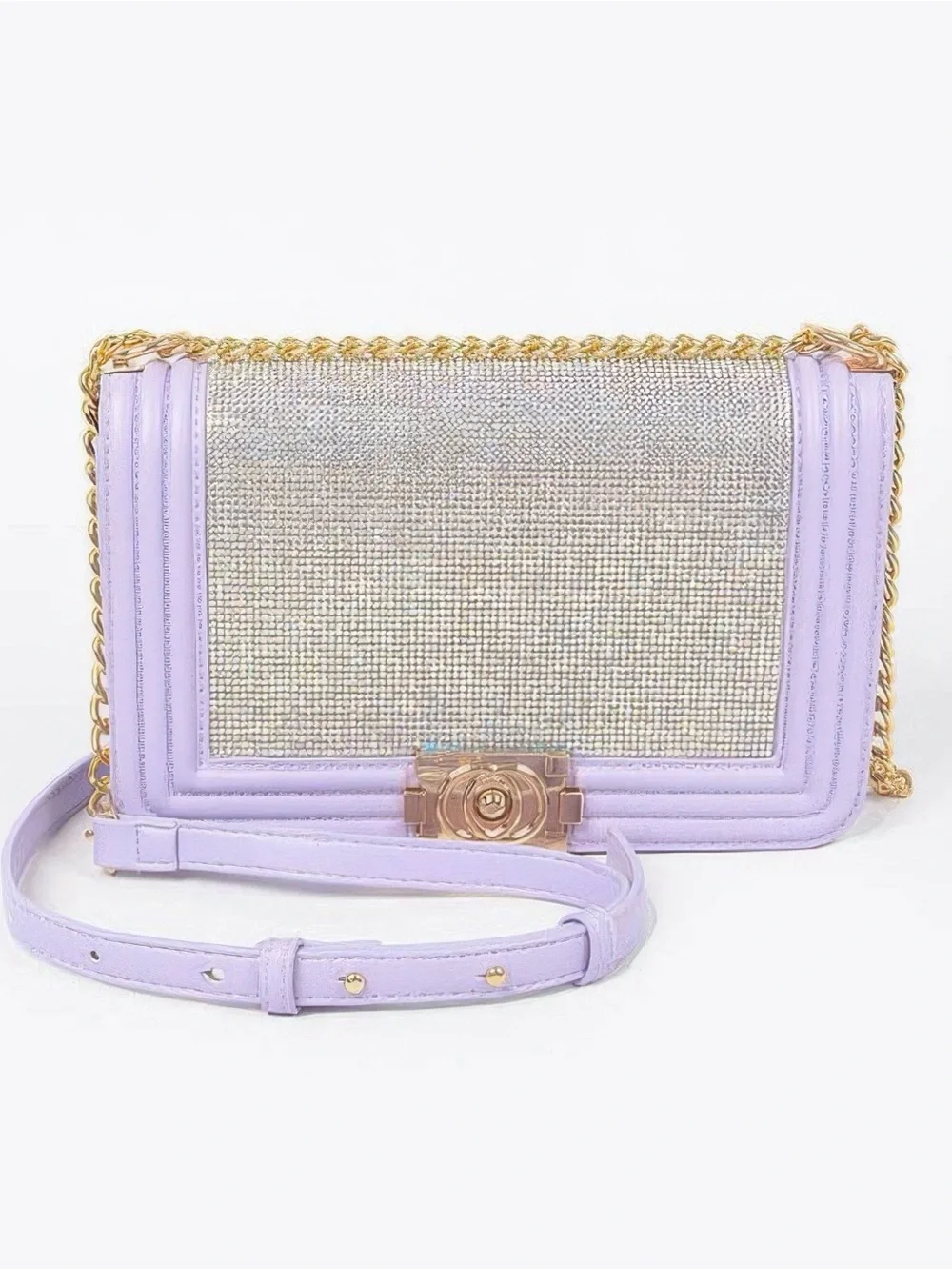 NWT Lavender Crystal-Front Crossbody Bag with Gold Chain